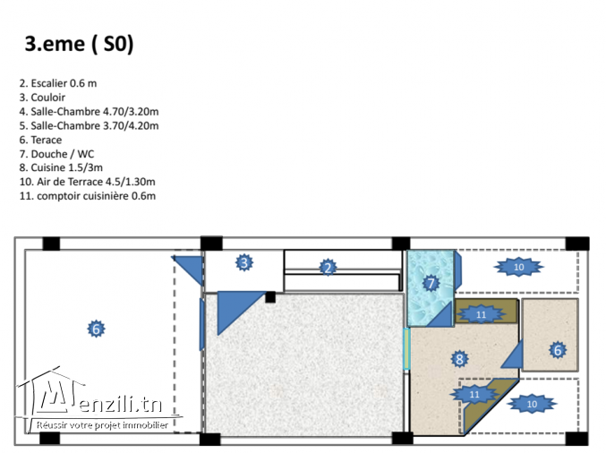 Appartment S0 en 3. étage au centre Korba