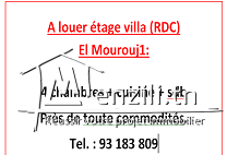 A louer étage villa (RDC)  El Mourouj1