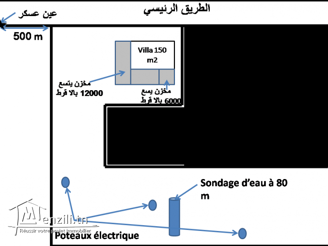 ارض فلاحية للبيع بعمادة عين عسكرعلى الريق الرئيسي