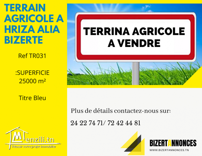 A vendre un beau terrain agricole à Hriza Alia Bizerte