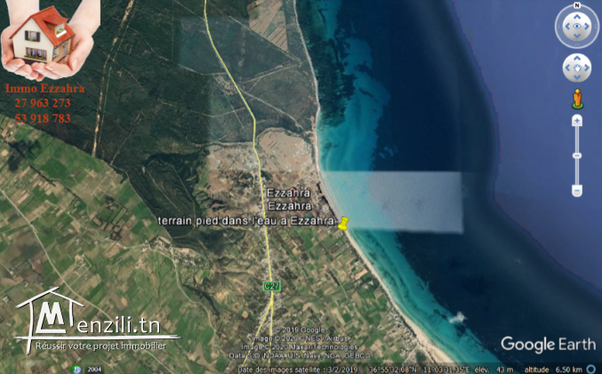 Terrain à vendre1000 m2 situé à ezzahra hamem ghezez pieds dans l'eau ezzahra