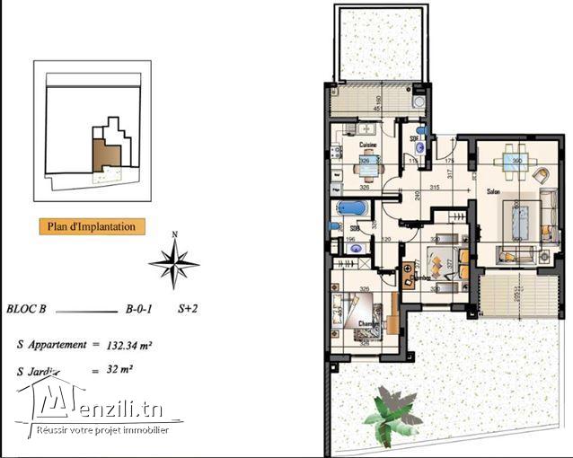 S+2 (132m2) en RDC avec Jardin (64m2) à Ennasr 2 + Parking