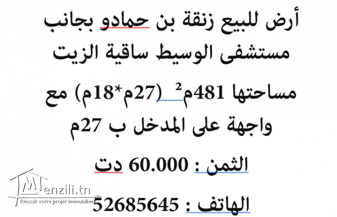 أرض للبيع زنقة بن حمادو بجانب الوسيط