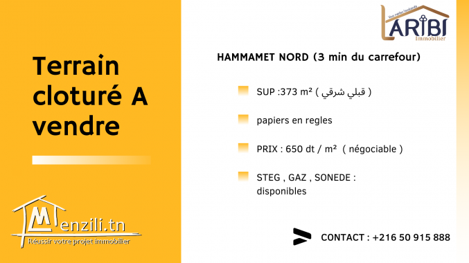 Terrain hammamet nord cloturé (3 min carrefour)