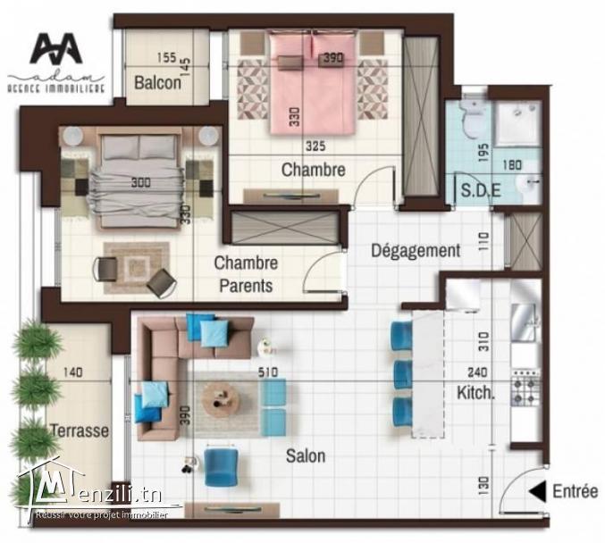 Appartement S2 balconnet de 98m² à Cité el Wafa