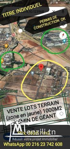 Lots de terrains 1000m2 à 5min de Géant. 360dt m2