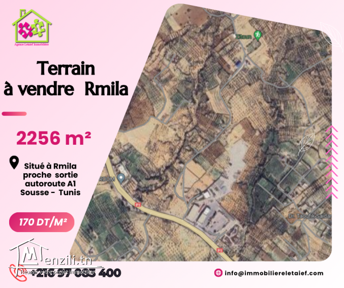 Terrain de 2256 m² a rmila proche  sortie  autoroute A1 Sousse -Tunis.