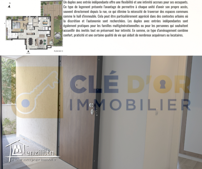 Duplex S+3 avec accès indépendant, jardin privatif et deux places de parking sous-sol