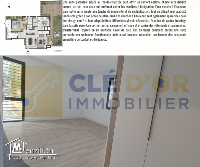 Duplex S+3 avec accès indépendant, jardin privatif et deux places de parking sous-sol