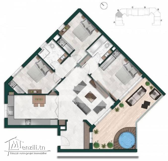 Appartement S3 à vendre sur plan à Gammarth