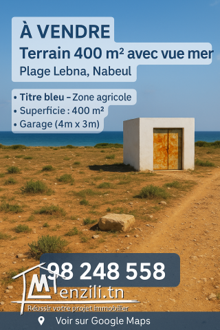 Terrain 400 m² avec vue mer – Plage Lebna, Nabeul
