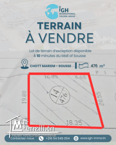 A Vendre Terrain de 476m² à Chott Mariem