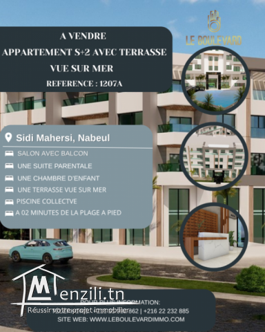 Appartement S2 avec terrasse vue mer à sidi Mahersi Nabeul