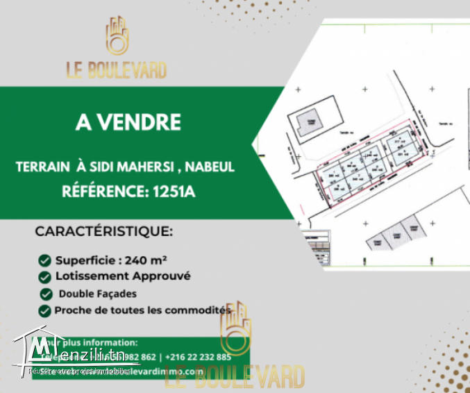 A vendre terrain 240m² Double façades à Sidi Mahersi  Nabeul