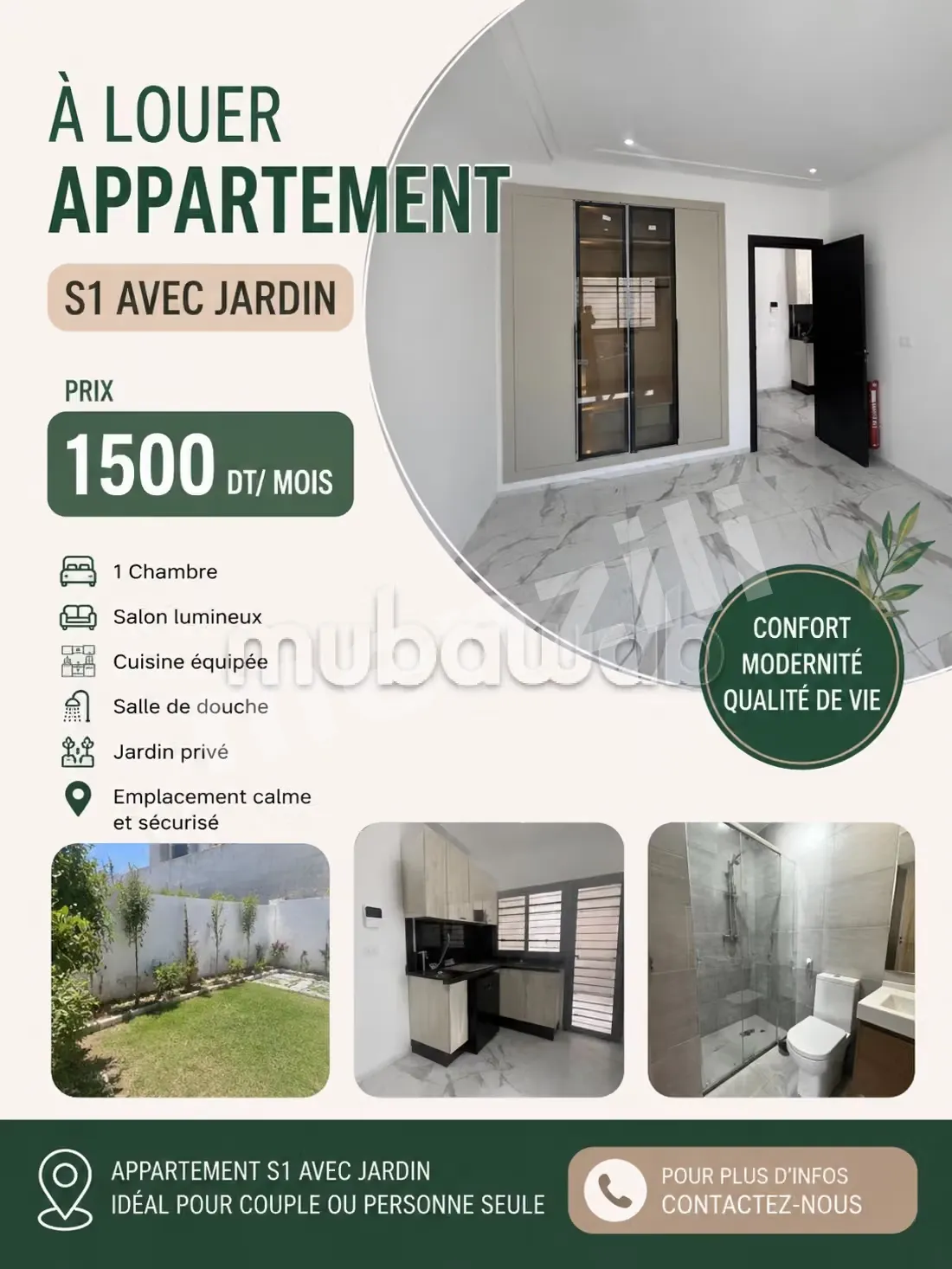 À louer appartement s1 avec jardin
