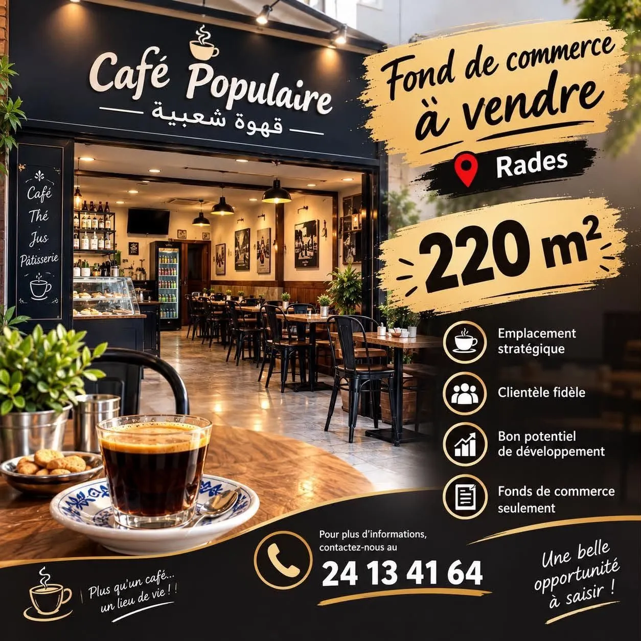 À vendre – Fonds de commerce d’un café de 220 m² à Radès