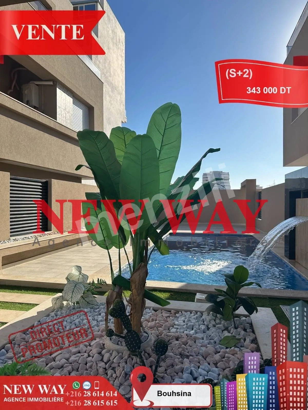 Appartement S+2 à vendre à Bouhsina, Sousse avec piscine